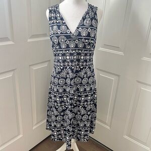 Navy Blue & White Summer Sun Dress XS/S Sleeveless‎ V Neck Cut Out Back Printed